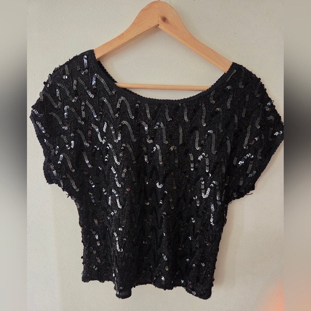 Black Sequin Short Sleeve Women's Top